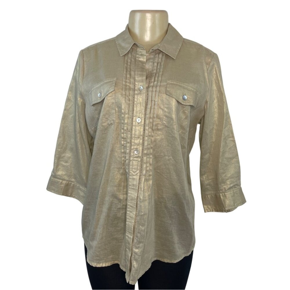 Chicos Gold Button-Down Shirt Sleeve Linen Blend Womens Top Size 1 3/4